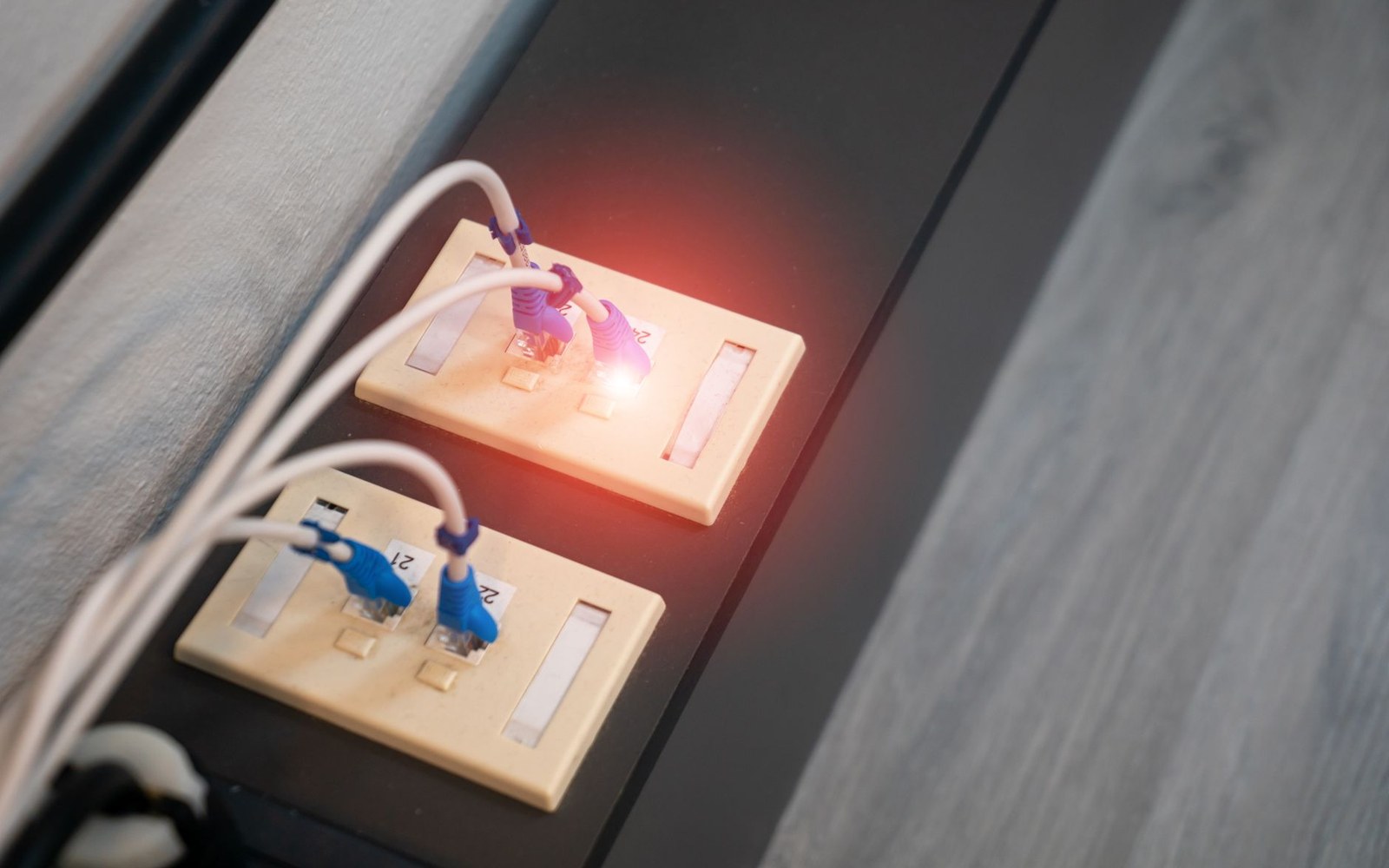 Ethernet cables plugged into wall jacks with a red light glowing between the connectors
