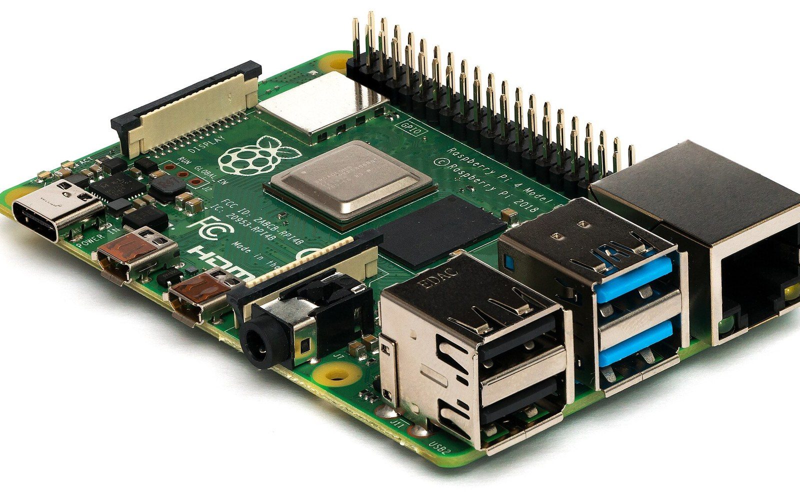 A Raspberry Pi single-board computer with USB, HDMI and Ethernet ports exposed